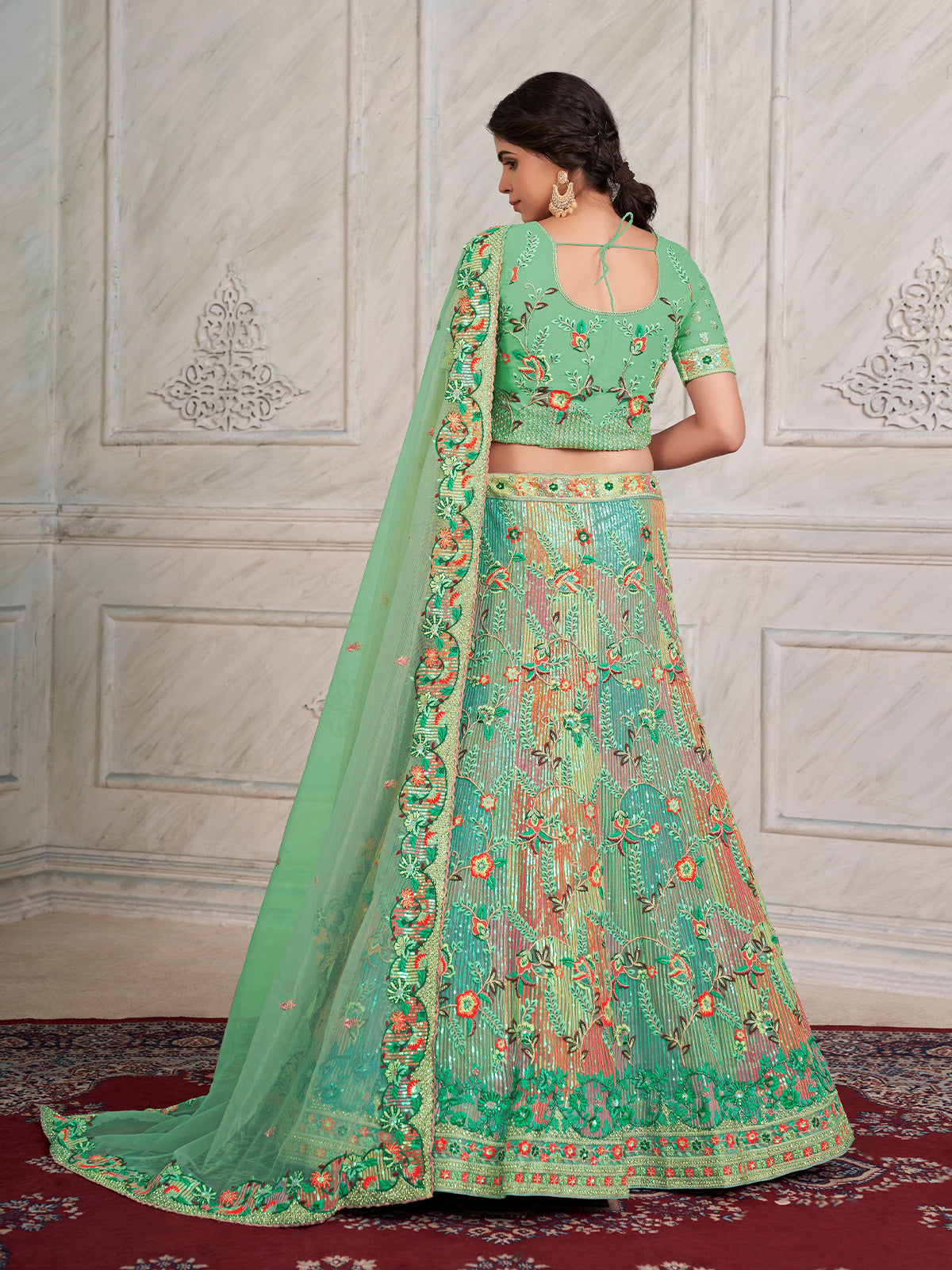 Odette Green Net Embroidered Semi Stitched Lehenga With Unstitched Blouse for Women