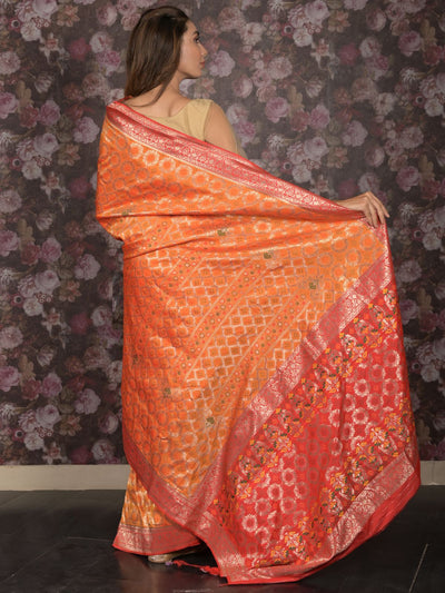 Odette Orange Patola Silk Woven Saree with Unstitched Blouse for Women