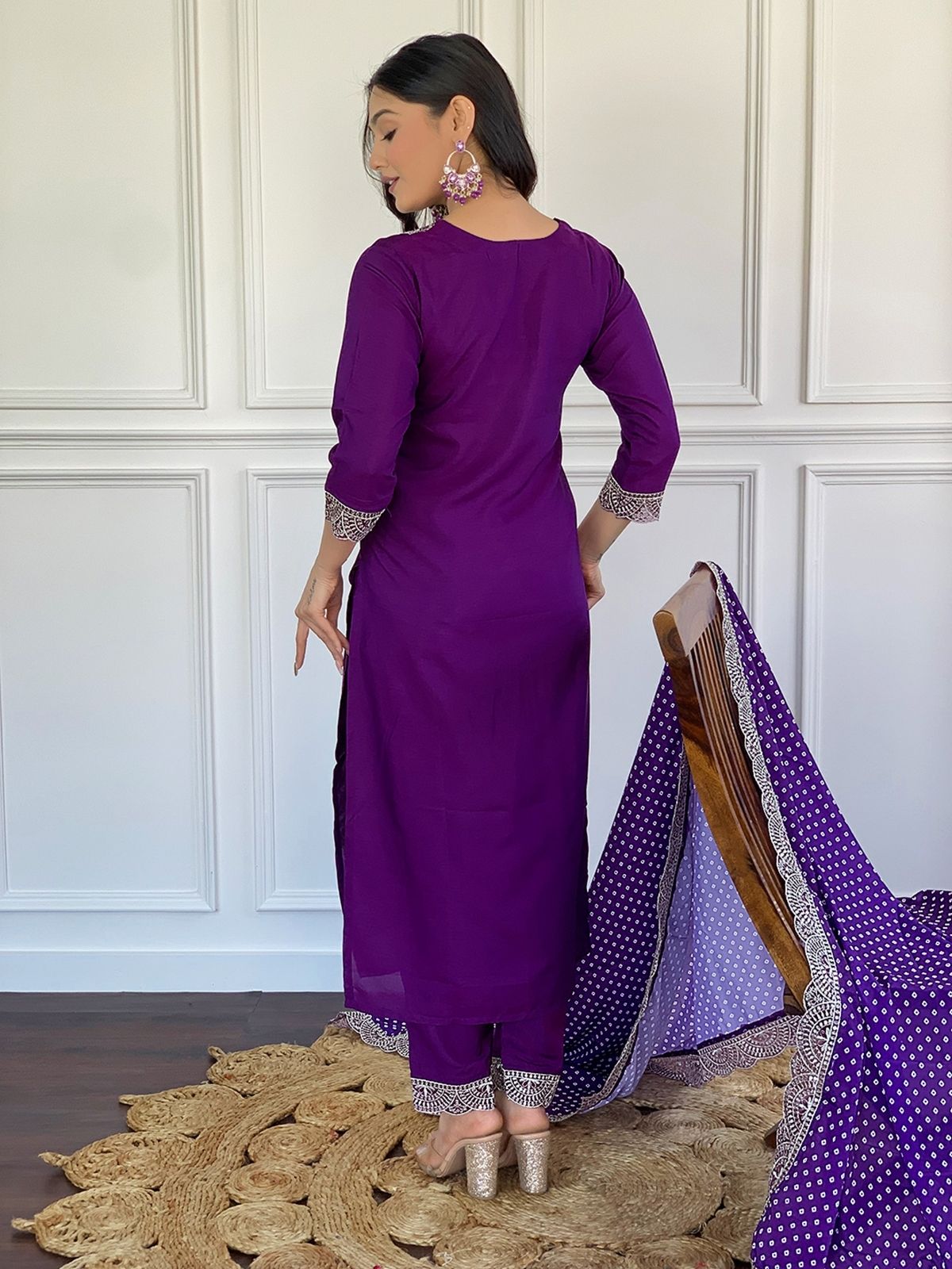 Odette Purple Viscose Lace Work Stitched Kurta Set for Women