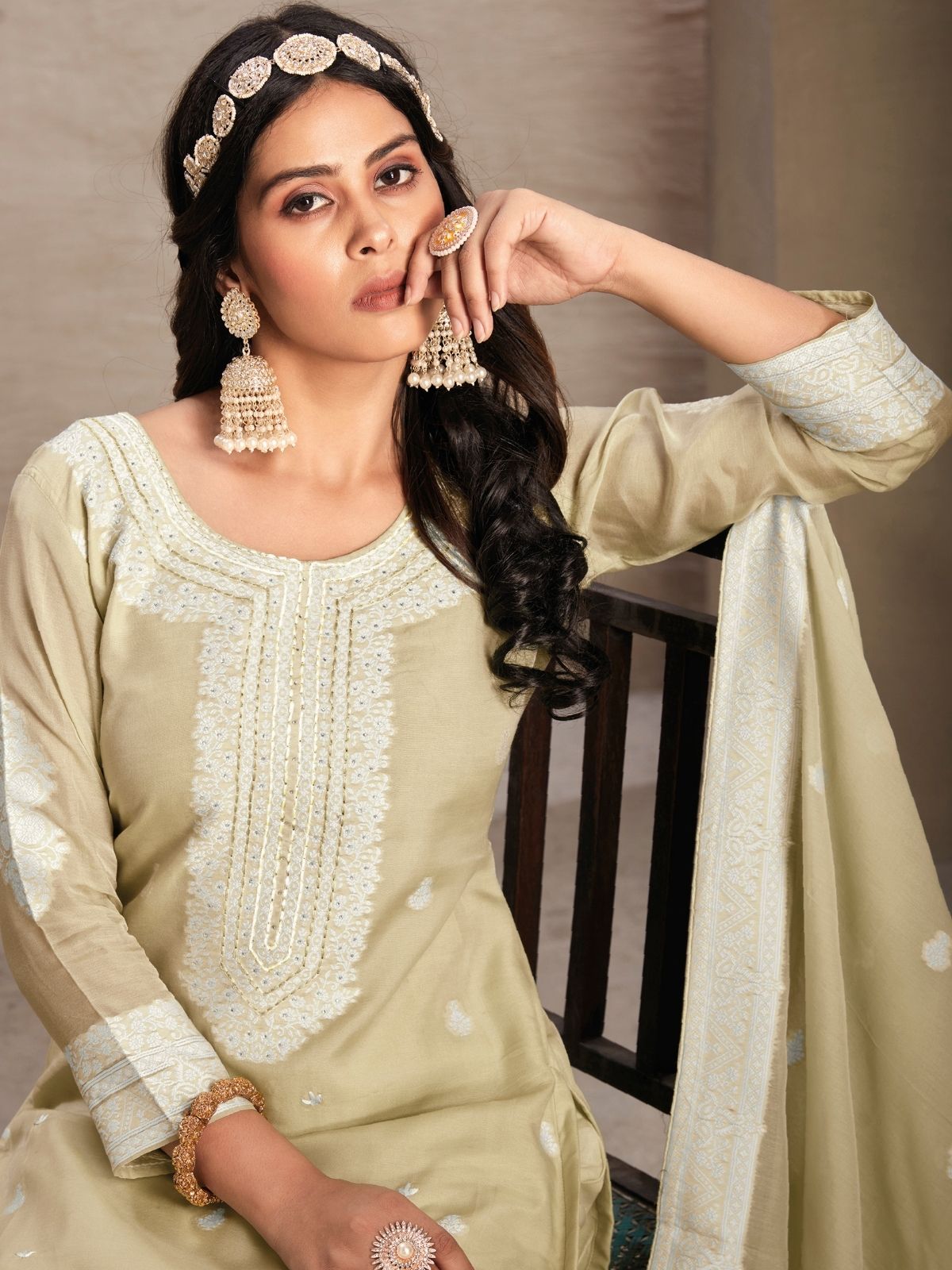 Odette Beige Organza Embroidered Semi-Stitched Kurta Set For Women