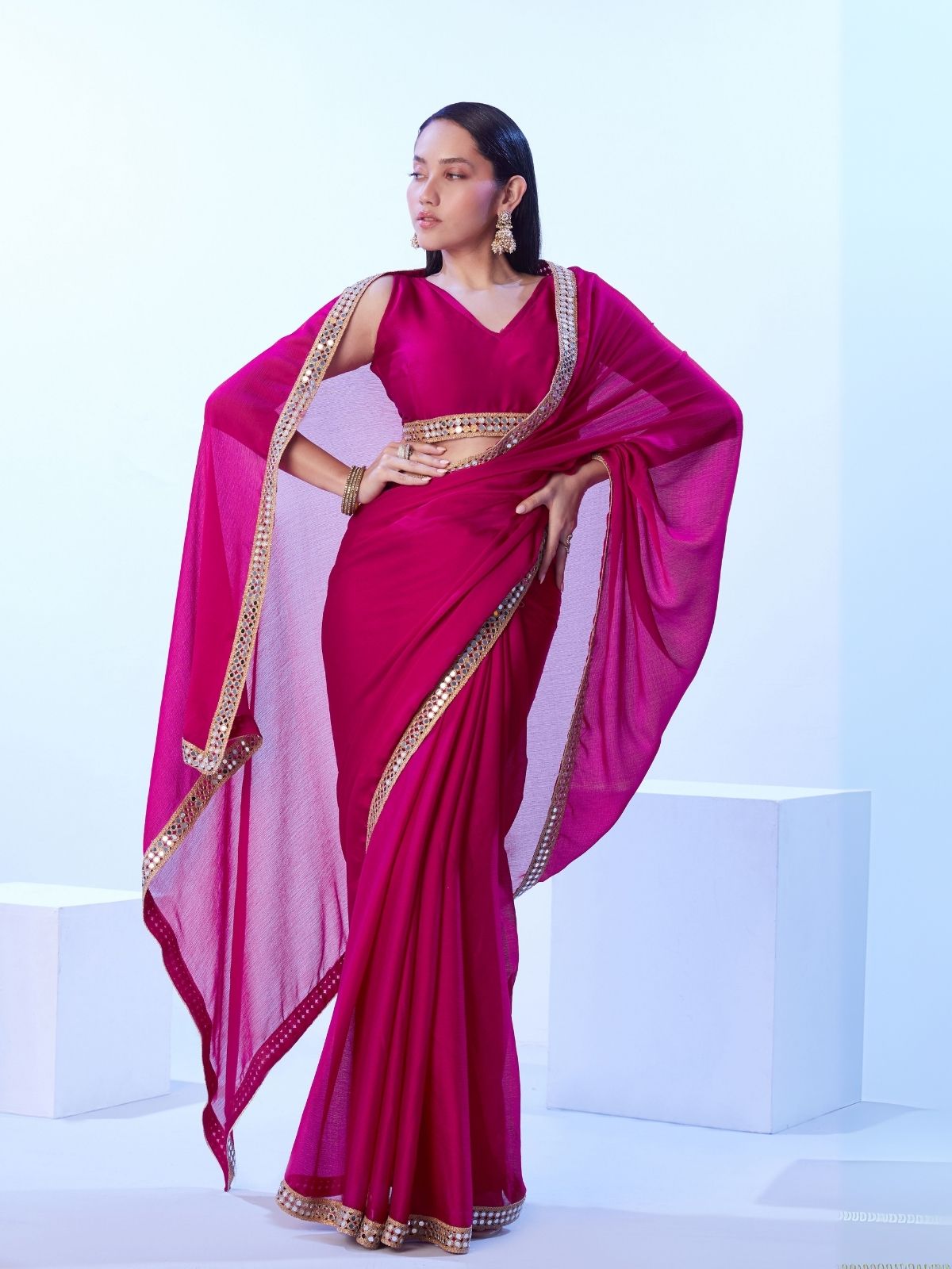 Odette Pink Satin Lace Work Saree With Unstitched Blouse For Women