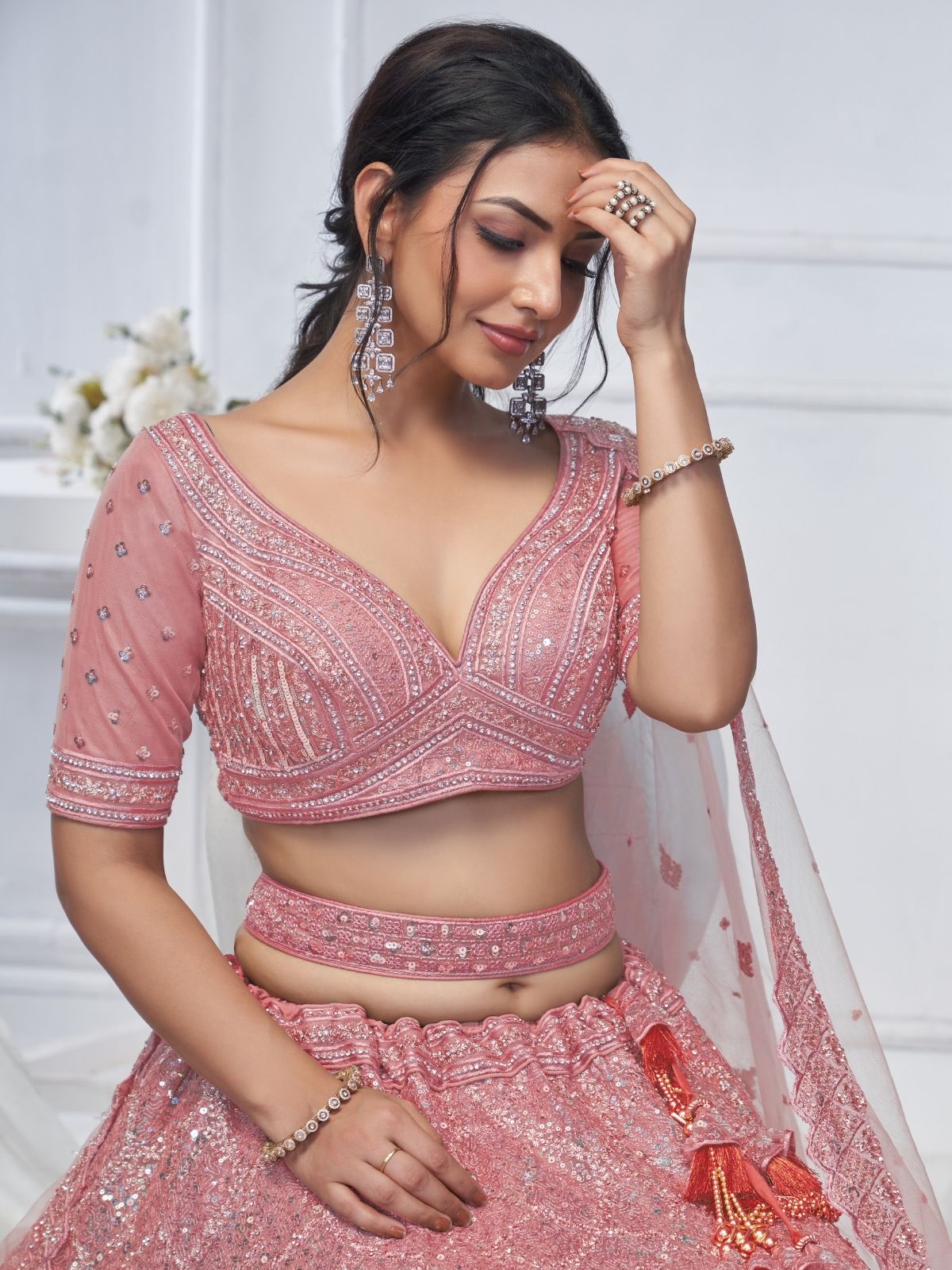 Odette Pink Soft Net Embellished Semi-Stitched Lehenga With Unstitched Blouse For Women