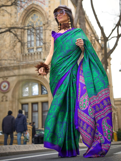 Odette Green Satin Printed Saree With Unstitched Blouse For Women