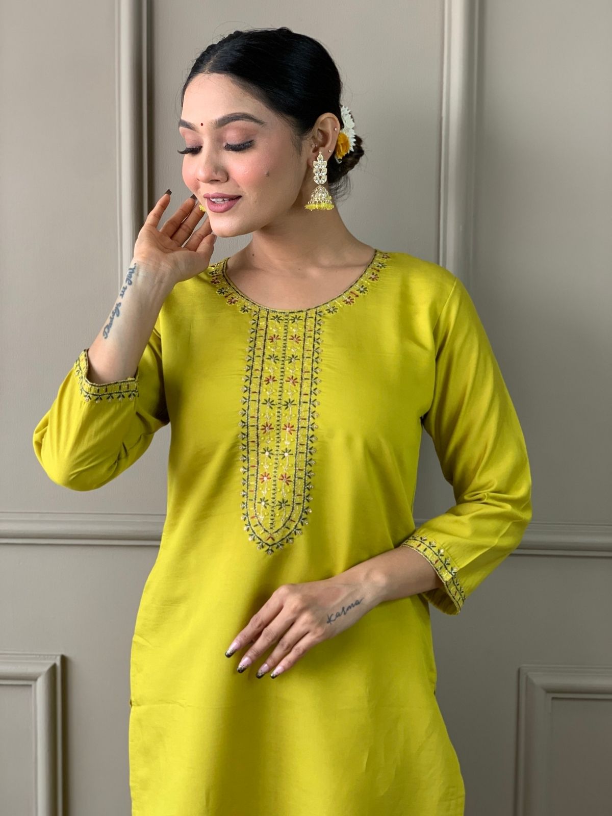 Odette Green Viscose chanderi Embroidered Stitched Kurta Set For Women