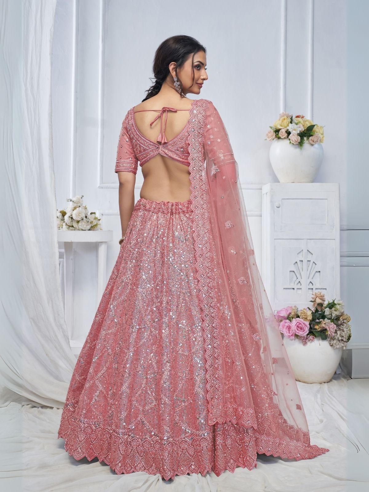 Odette Pink Soft Net Embellished Semi-Stitched Lehenga With Unstitched Blouse For Women