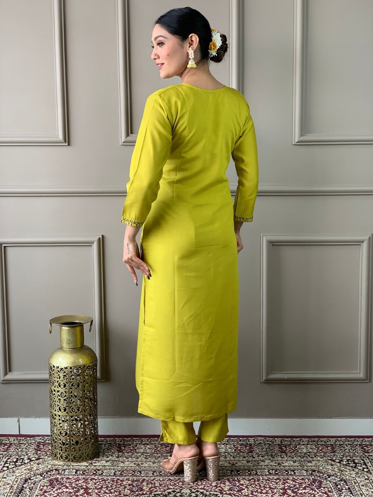 Odette Green Viscose chanderi Embroidered Stitched Kurta Set For Women