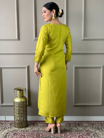 Odette Green Viscose chanderi Embroidered Stitched Kurta Set For Women