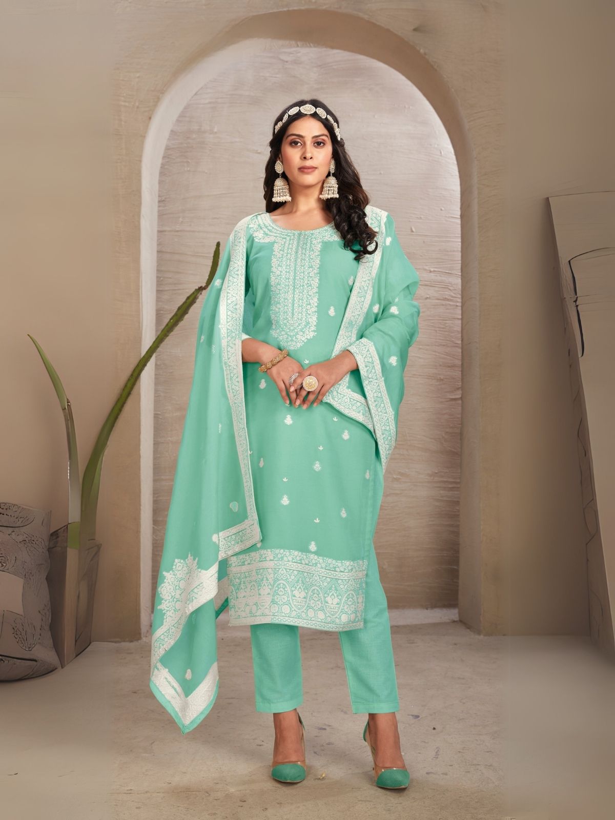 Odette Green Organza Embroidered Semi-Stitched Kurta Set For Women