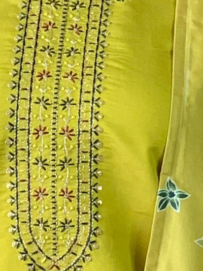 Odette Green Viscose chanderi Embroidered Stitched Kurta Set For Women