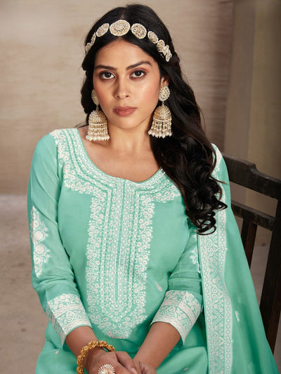 Odette Green Organza Embroidered Semi-Stitched Kurta Set For Women