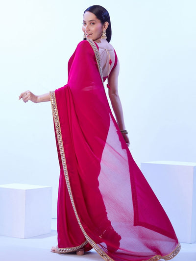 Odette Pink Satin Lace Work Saree With Unstitched Blouse For Women