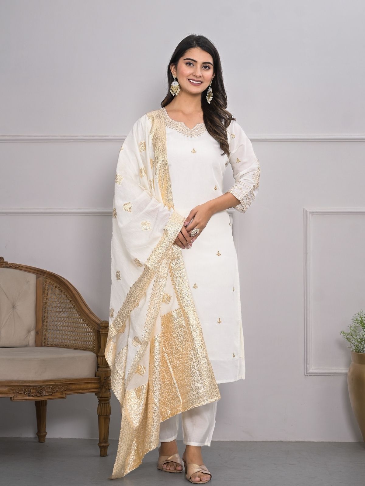 Odette White Silk Blend Embroidered Stitched Kurta Set For Women