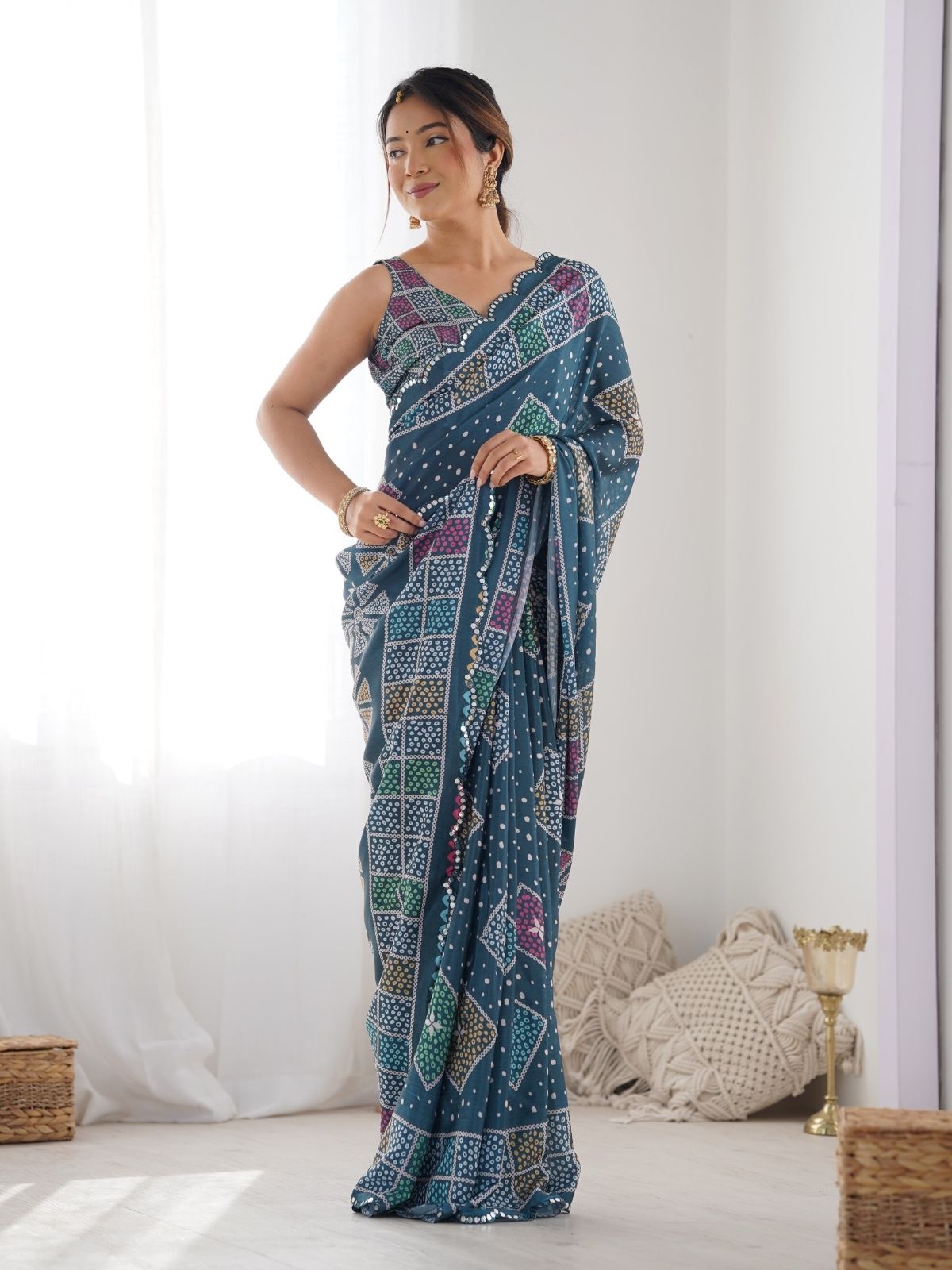 Odette Teal Chinon Printed Saree With Unstitched Blouse For Women