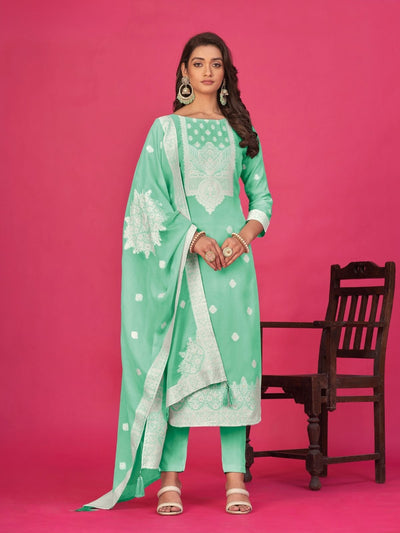 Odette Green Organza Embroidered Semi-Stitched Kurta Set For Women