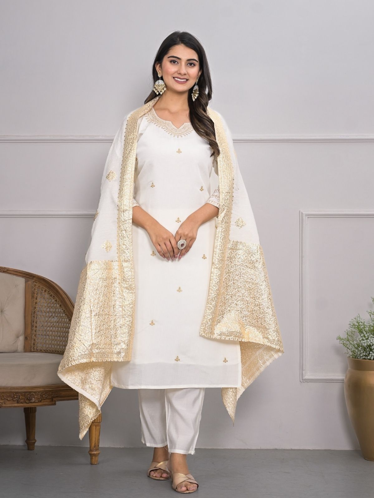 Odette White Silk Blend Embroidered Stitched Kurta Set For Women