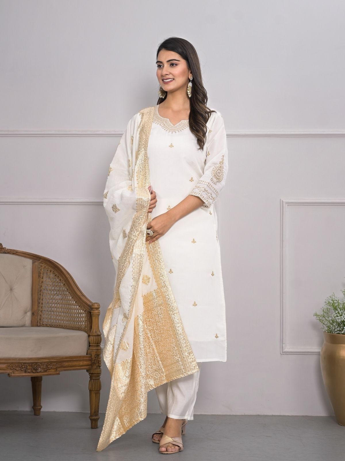 Odette White Silk Blend Embroidered Stitched Kurta Set For Women