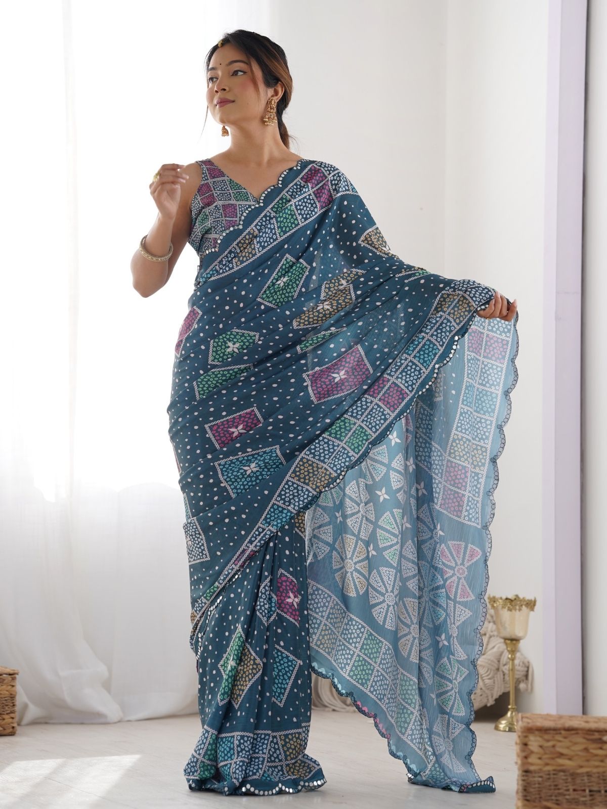 Odette Teal Chinon Printed Saree With Unstitched Blouse For Women