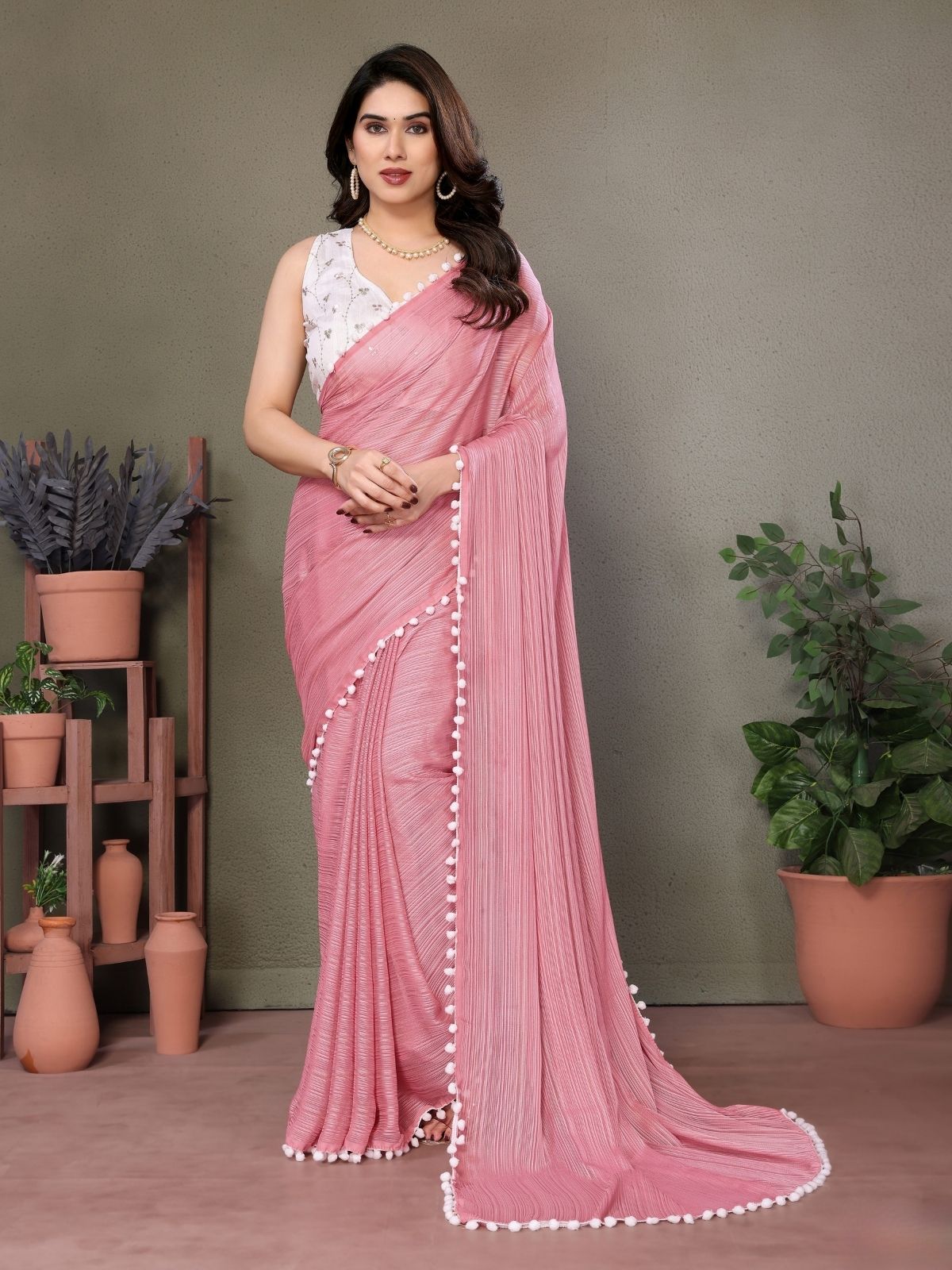 Odette Pink Banglori Lace Work Saree With Unstitched Blouse For Women