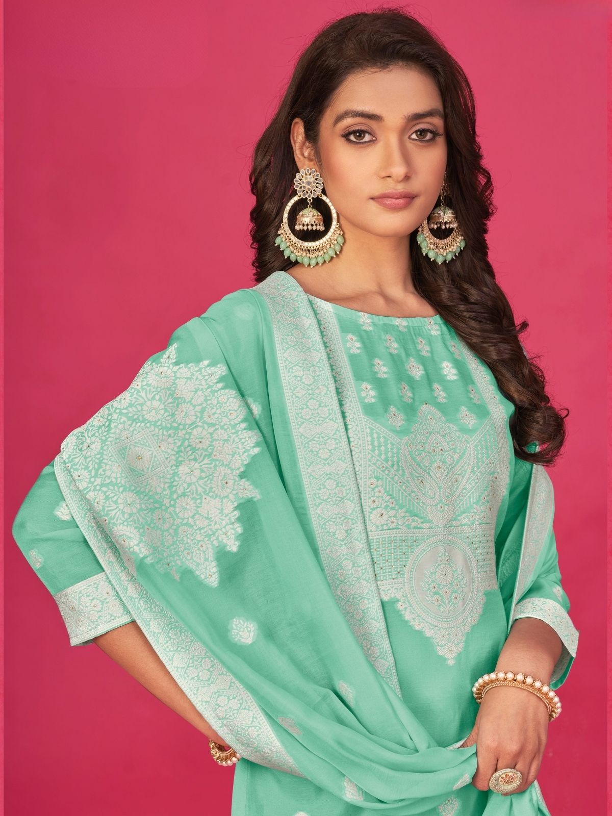 Odette Green Organza Embroidered Semi-Stitched Kurta Set For Women