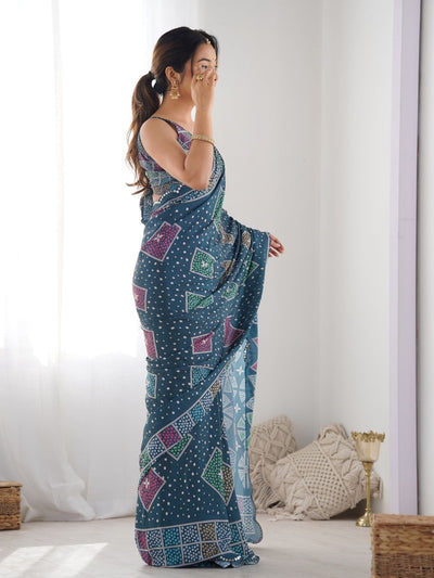 Odette Teal Chinon Printed Saree With Unstitched Blouse For Women