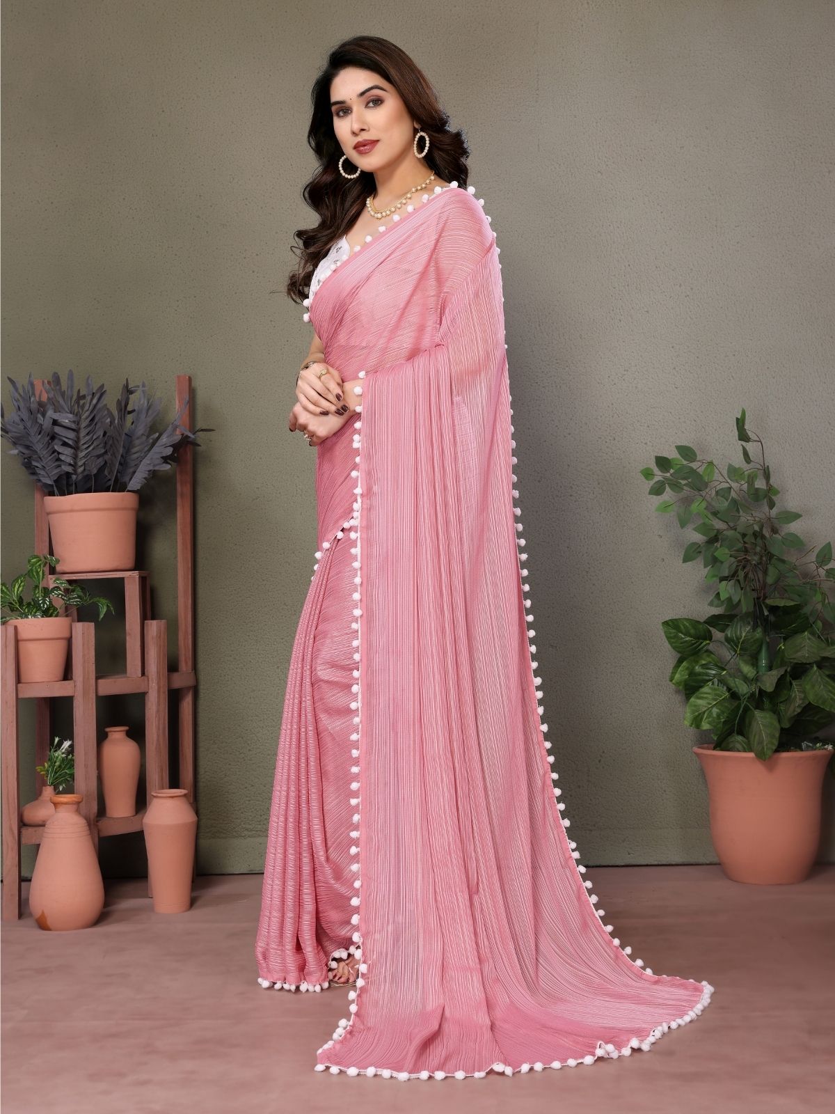 Odette Pink Banglori Lace Work Saree With Unstitched Blouse For Women