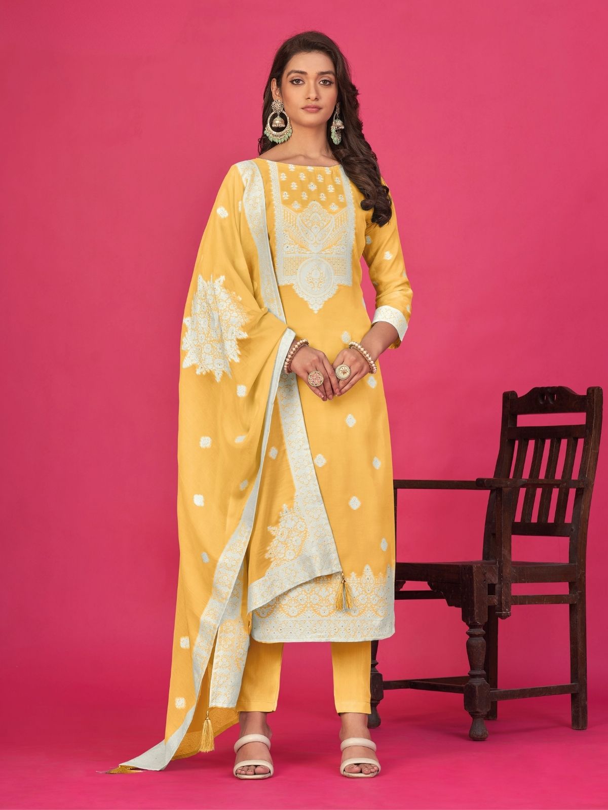 Odette Yellow Organza Embroidered Semi-Stitched Kurta Set For Women