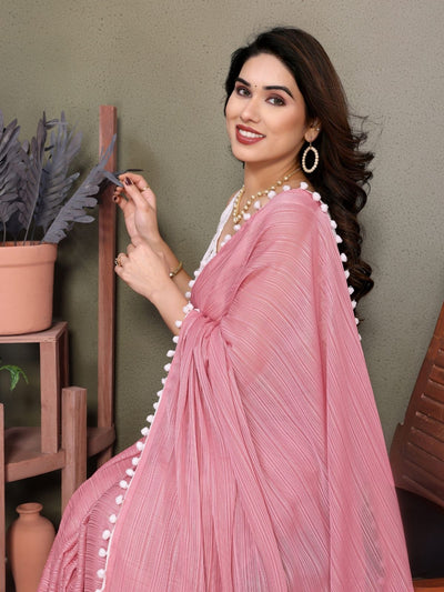 Odette Pink Banglori Lace Work Saree With Unstitched Blouse For Women