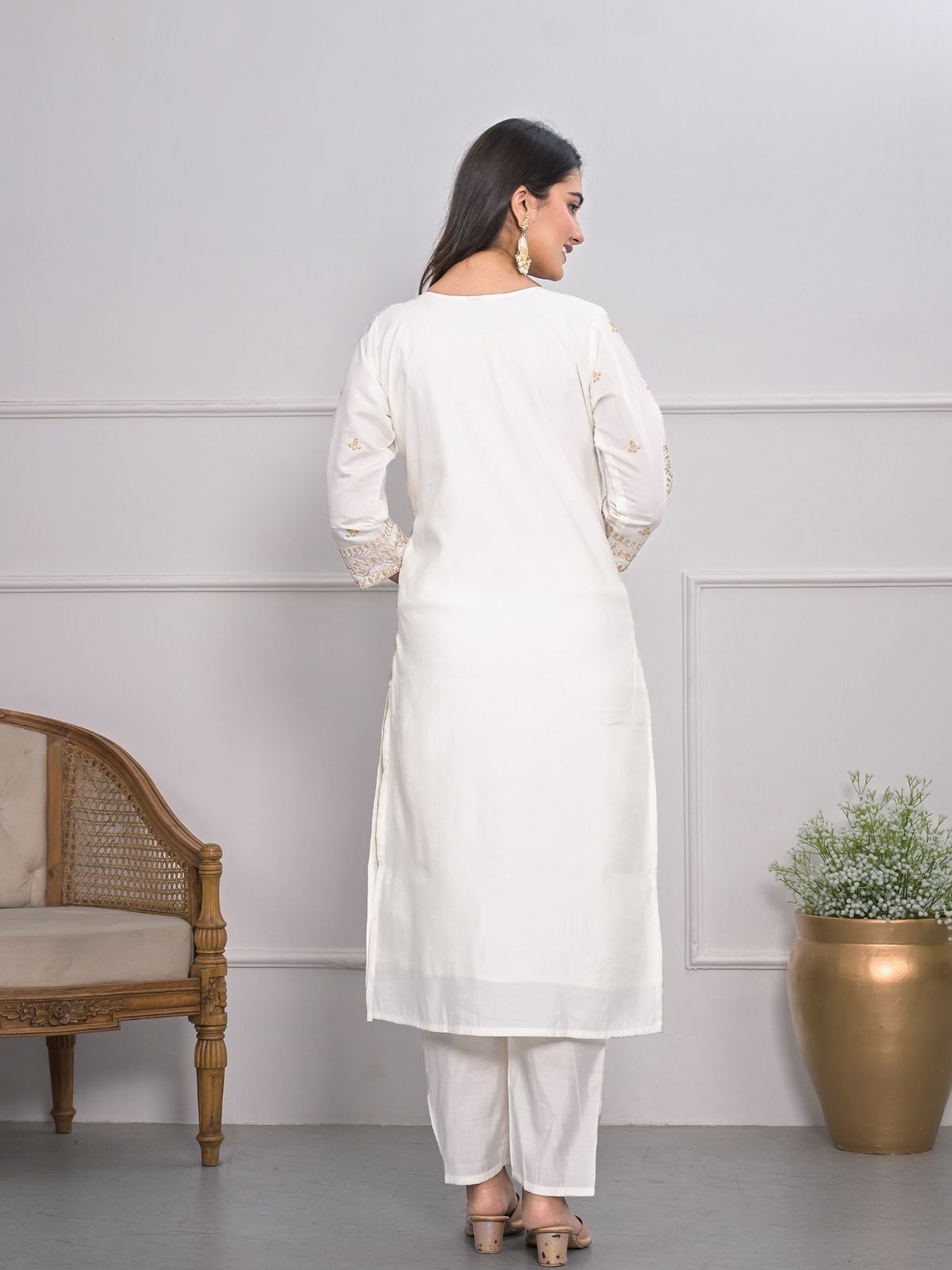 Odette White Silk Blend Embroidered Stitched Kurta Set For Women