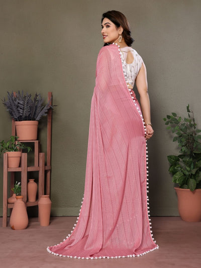 Odette Pink Banglori Lace Work Saree With Unstitched Blouse For Women