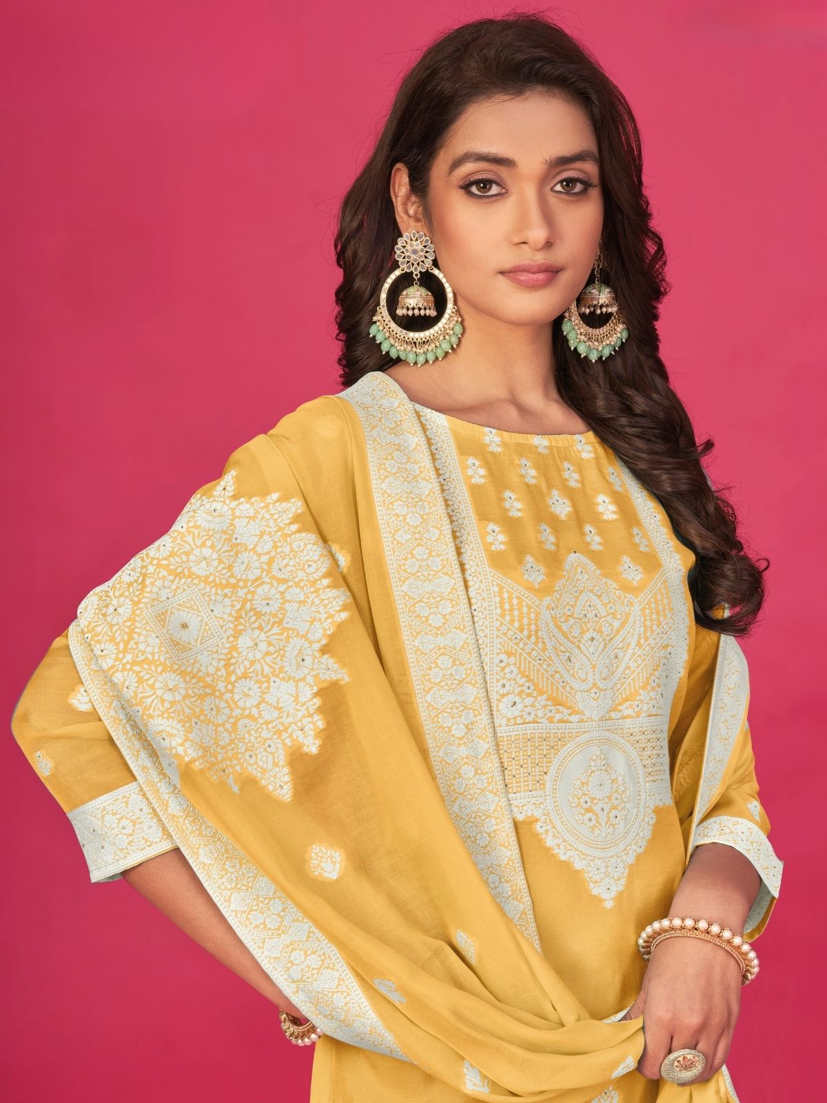 Odette Yellow Organza Embroidered Semi-Stitched Kurta Set For Women