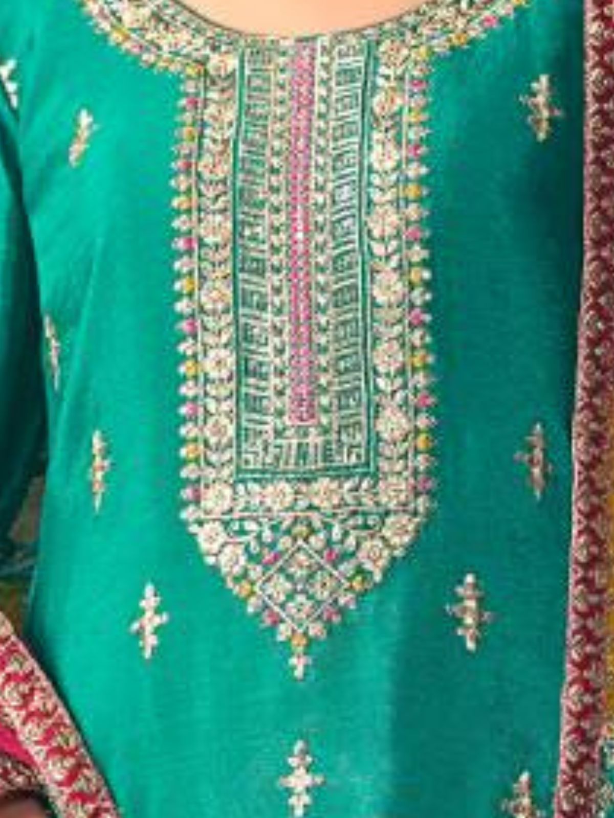 Odette Teal Embroidered Chinon Silk Unstitched Kurta Set For Women