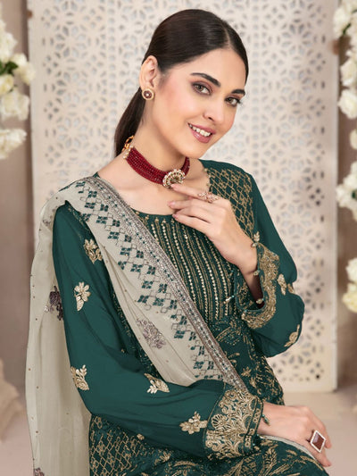 Odette Green Georgette Embroidered Semi-Stitched Kurta set for Women