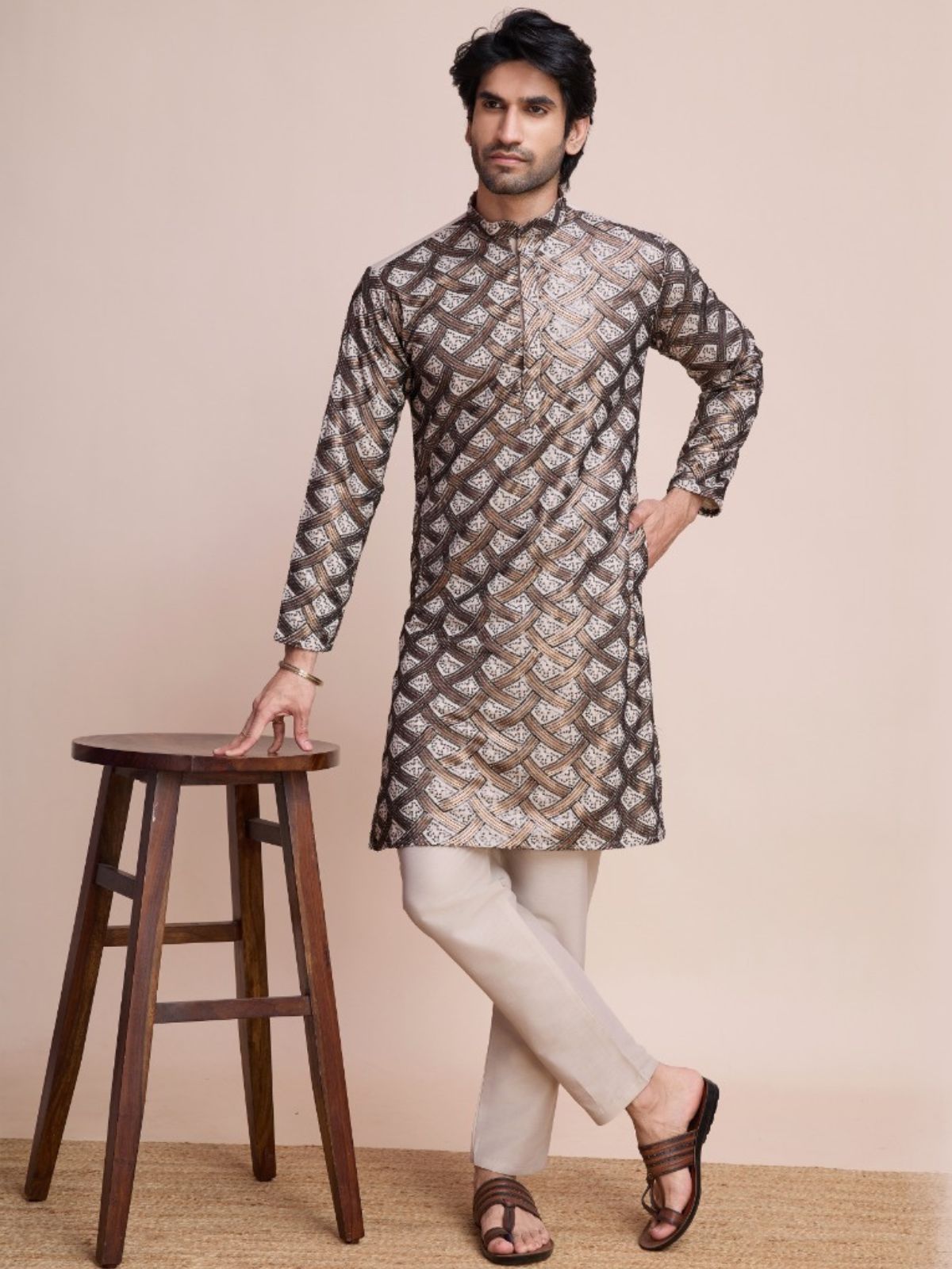 Odette White Silk Blend Gold Sequins Stitched  Kurta For Men