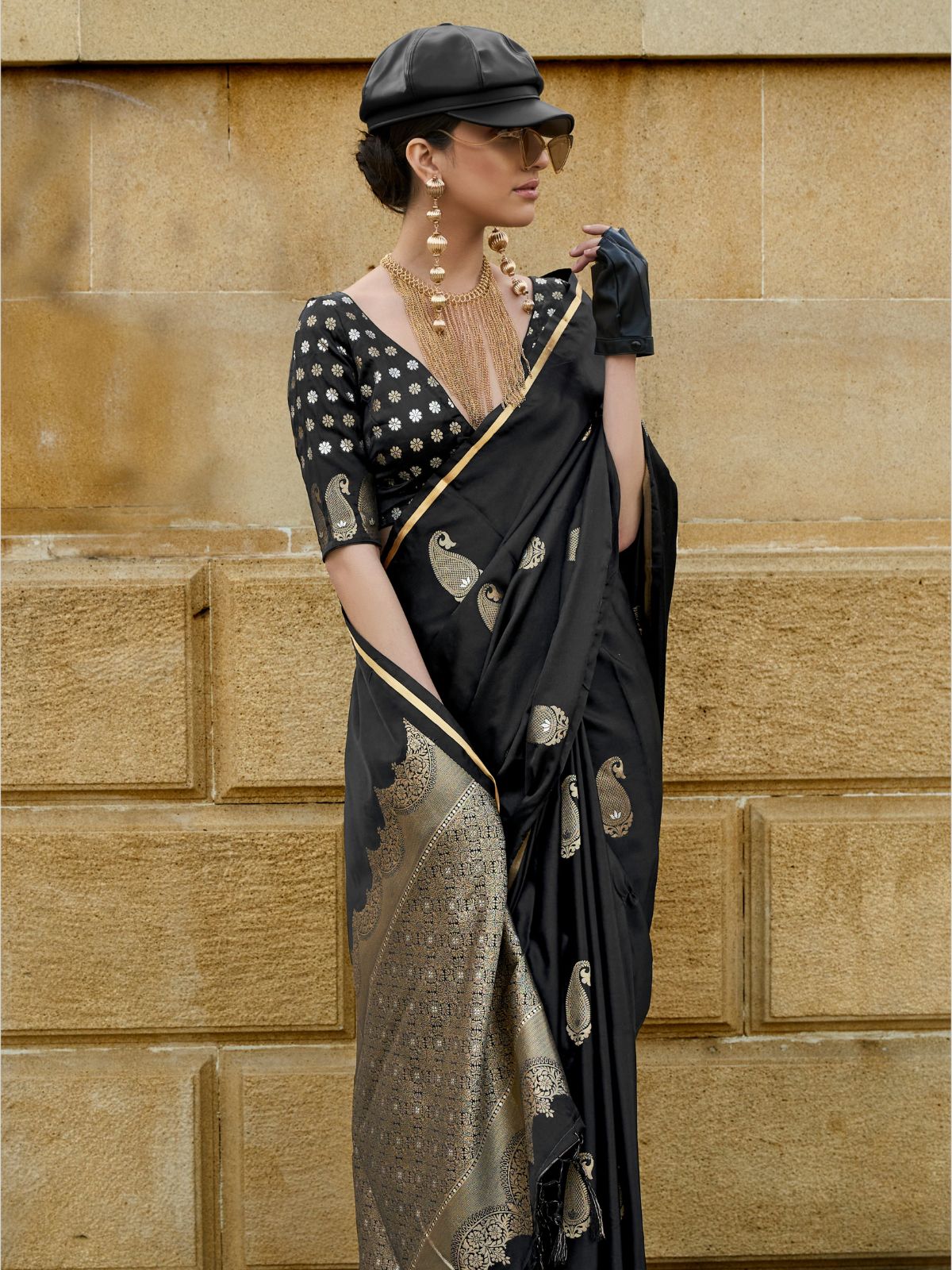 Odette Black Satin Woven Saree With Unstitched Blouse For Women