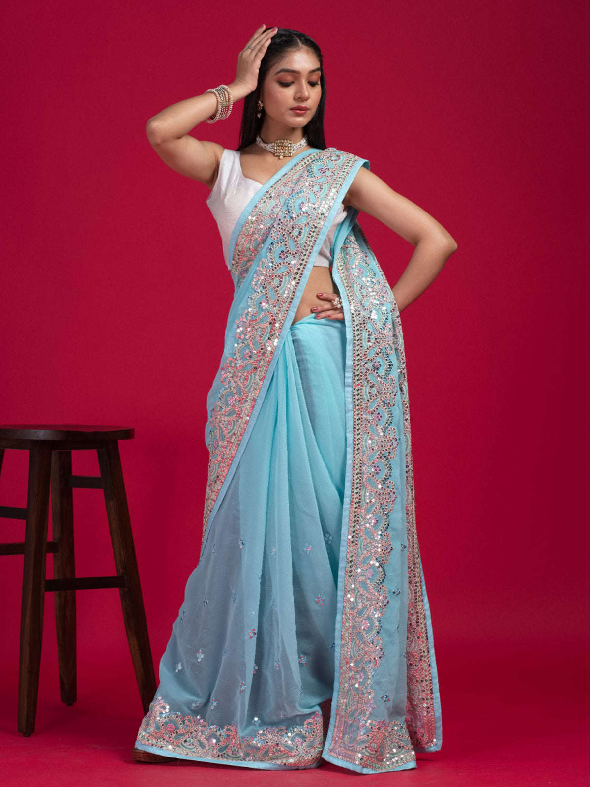 Odette - Blue Georgette Embroidered Saree with Unstitched Blouse