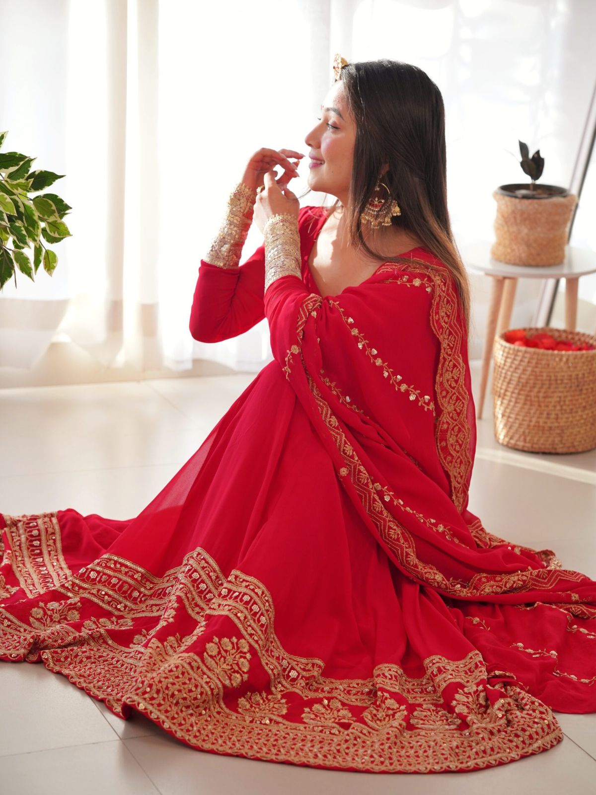 Odette Red Georgette Embroidered Stitched Gown For women