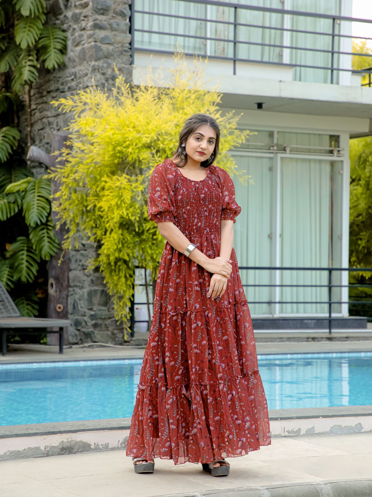 Odette Maroon Georgette Stitched Printed Indo Western Dress For Women