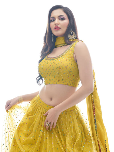 Odette Mustard Chinon Embellished Stitched Lehenga With Stitched Blouse For Women