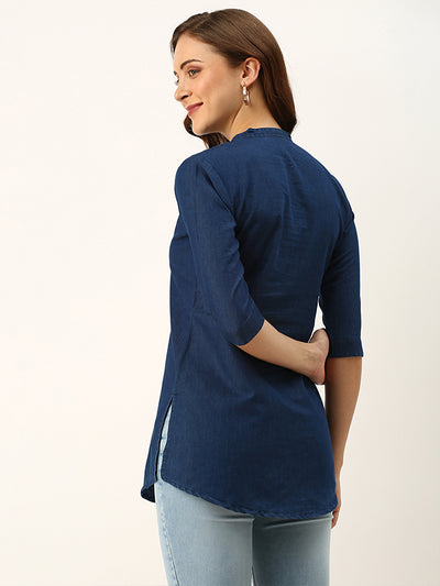 Odette Blue Solid Denim Stitched Short Kurta For Women