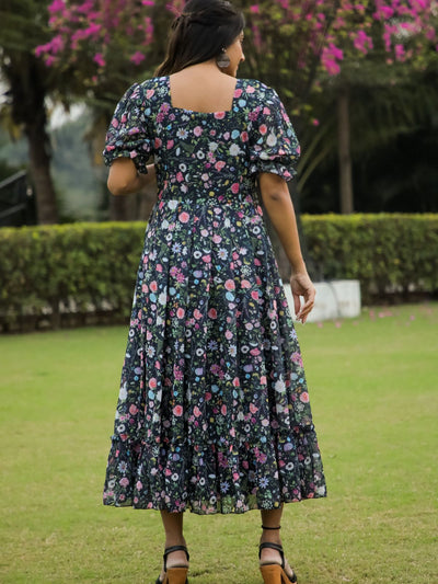 Odette Black Georgette Stitched Floral Printed Indo Western Dress For Women