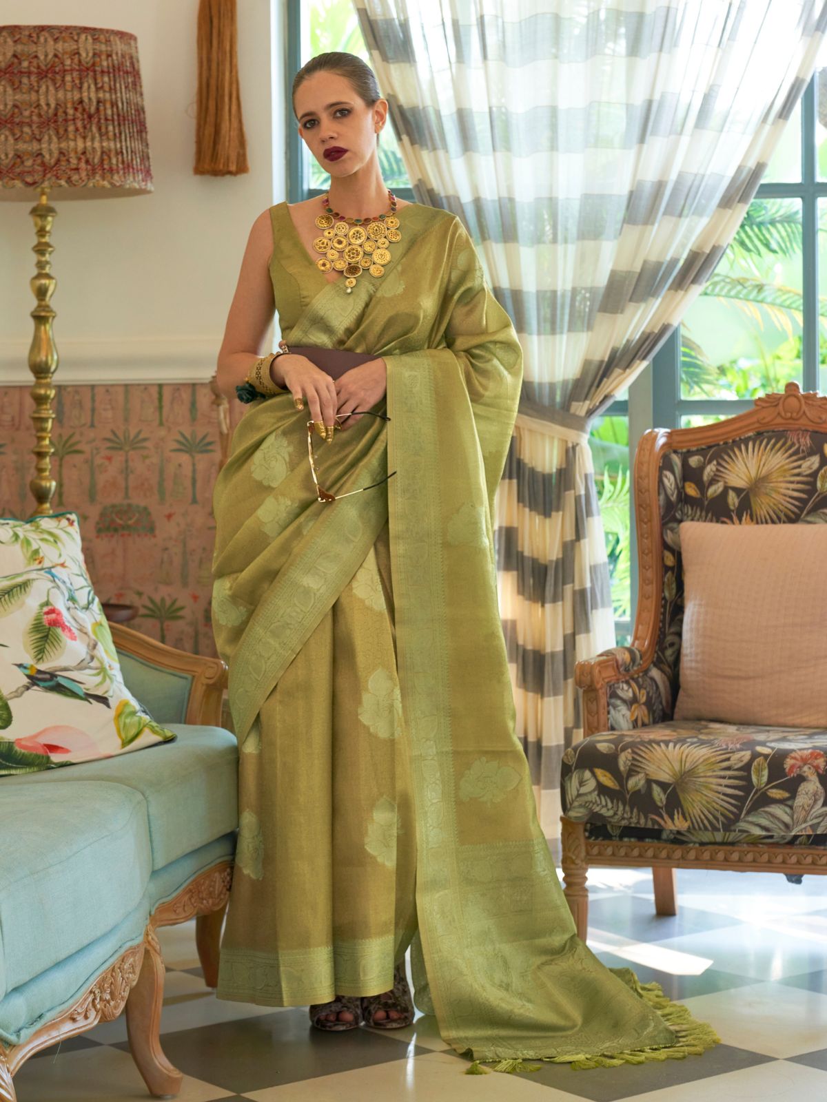 Odette Green Tissue Blend Woven Saree With Unstitched Blouse For Women