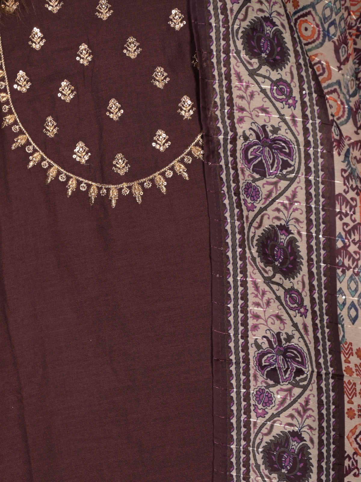 Odette Dark Purple Embroidered Cotton Blend Stitched Kurta Set for Women