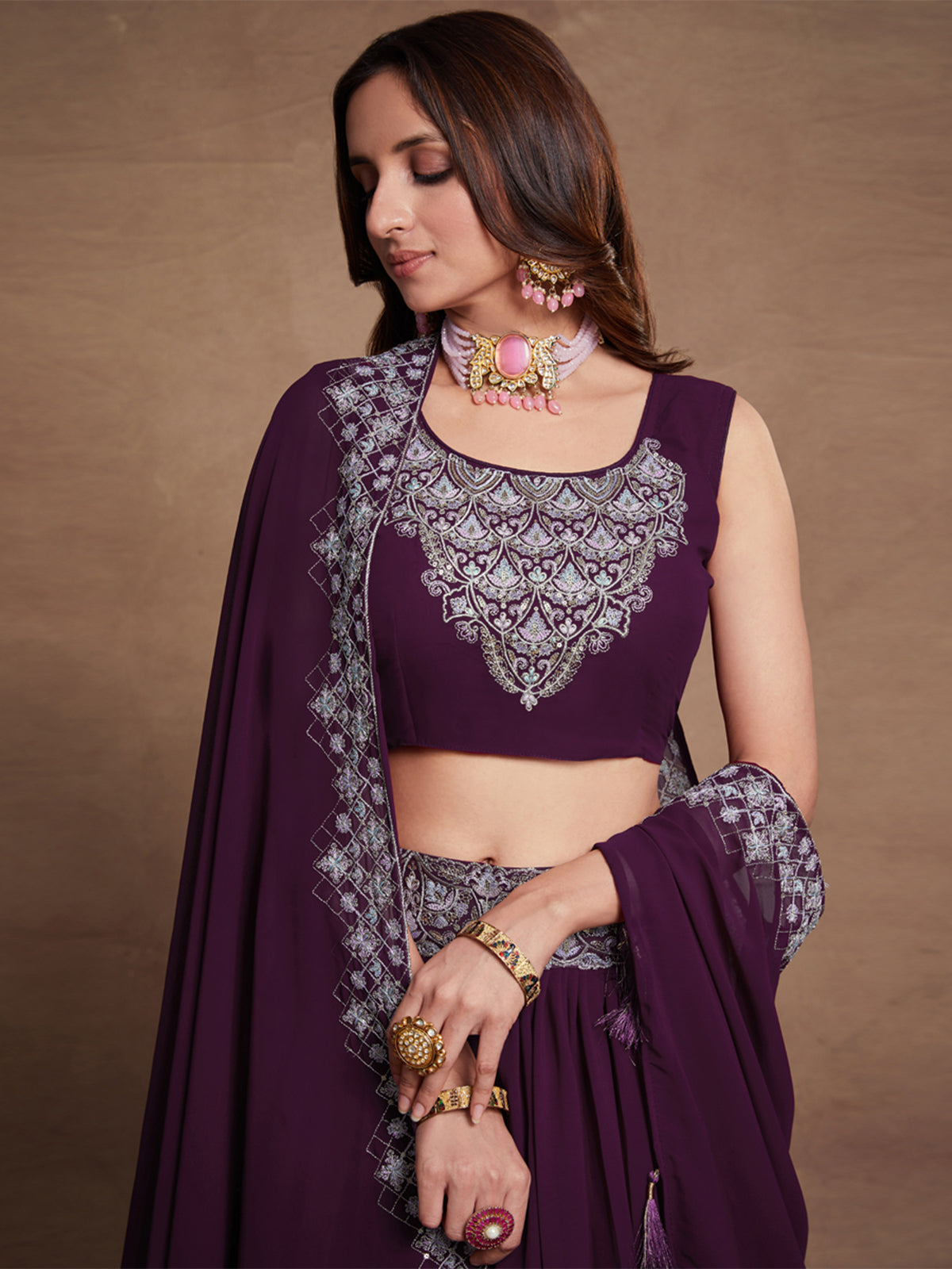 Odette Purple Georgette Embroidered Semi Stitched Lehenga With Unstitched Blouse for Women