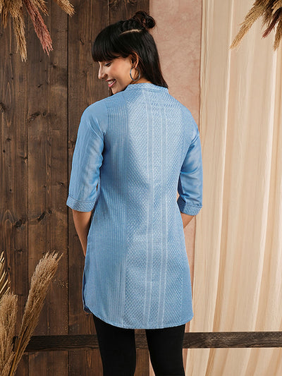 Odette Sky Blue Embroidered Chanderi Silk Stitched Short Kurta For Women