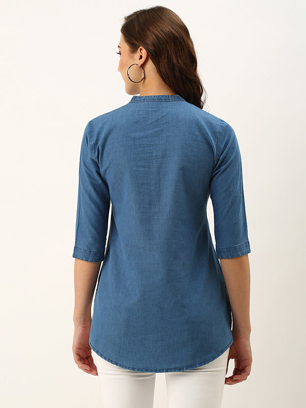 Odette Blue Printed Denim Stitched Short Kurta For Women