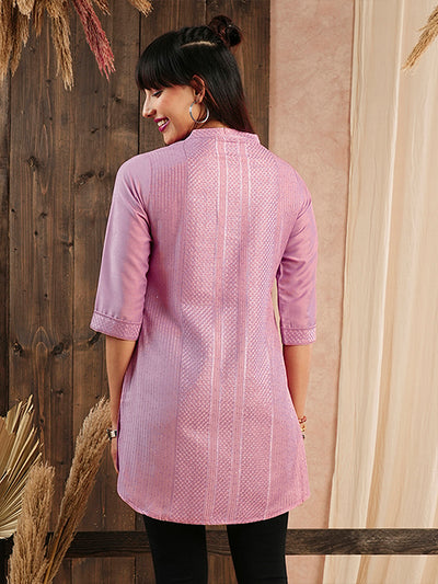 Odette Pink Embroidered Chanderi Silk Stitched Short Kurta For Women