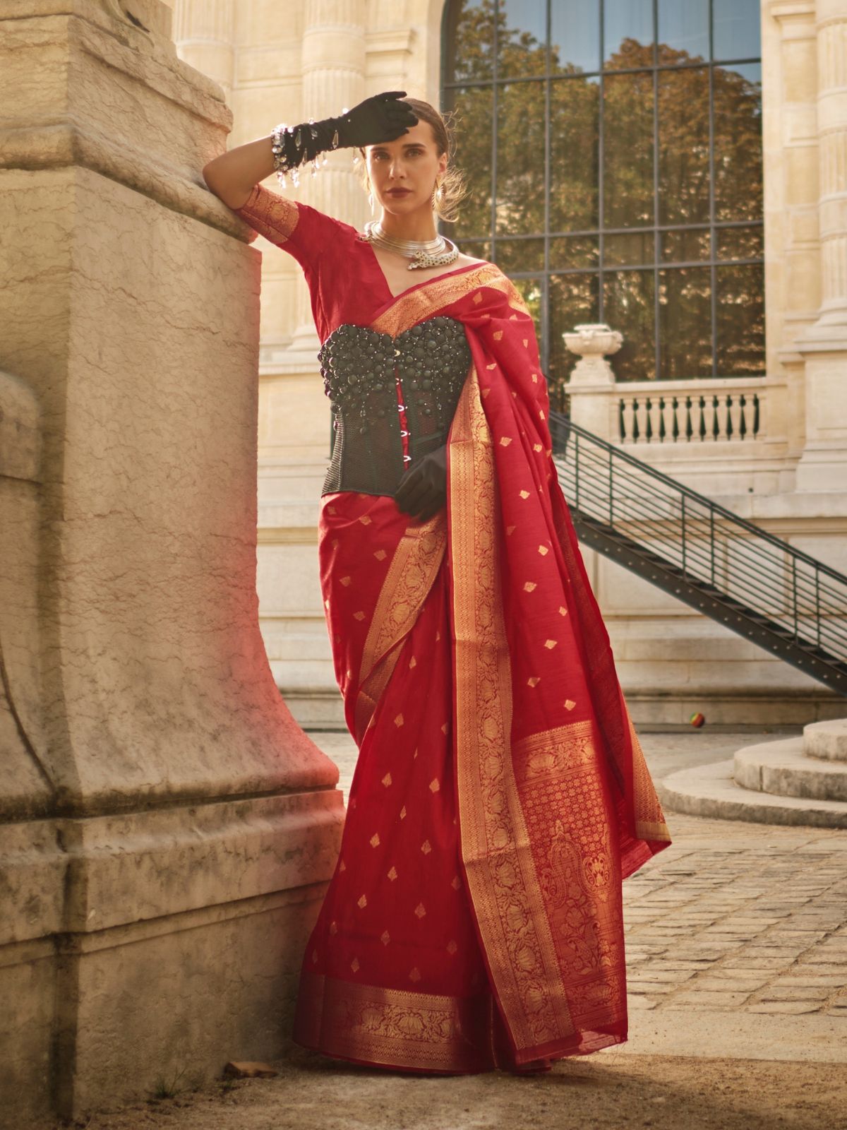 Odette Red Silk Blend Woven Saree With Unstitched Blouse For Women