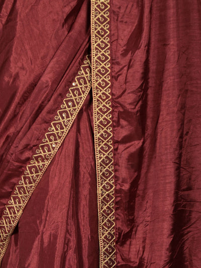 Odette Maroon Embroidered Silk Blend Saree with Unstitched Blouse for Women