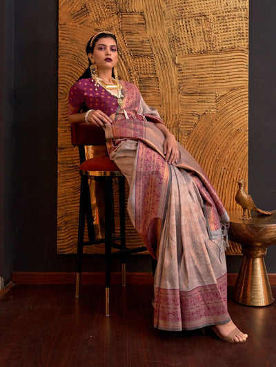 Odette Grey Silk Blend Woven Saree With Unstitched Blouse For Women