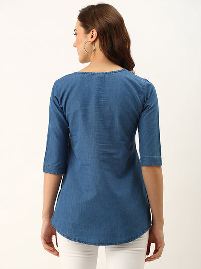 Odette Blue Embroidered Denim Stitched Short Kurta For Women